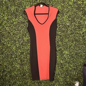 High Neck Low Cut Light Burgundy/Black Striped Dress